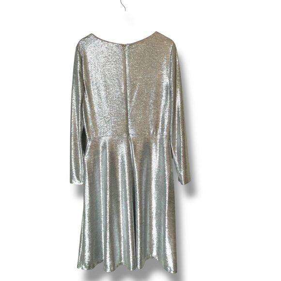 NWT Ralph Lauren Sz 14 Long Sleeve Cocktail Dress Metallic Silver Gray Faux Wrap - Picture 5 of 10